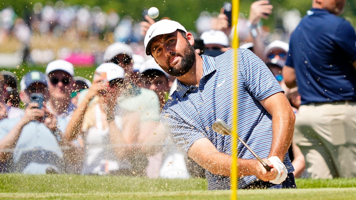 Scottie Scheffler plays a shot during the final round of the PGA Championship golf tournament at Valhalla Golf Club on May 19, 2024.