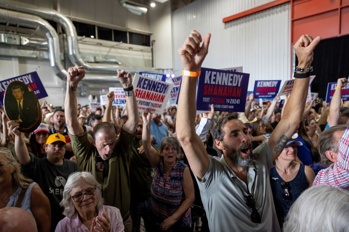 Kennedy supporters cheer during a campaign event in Aurora, Colorado, on May 19, 2024.