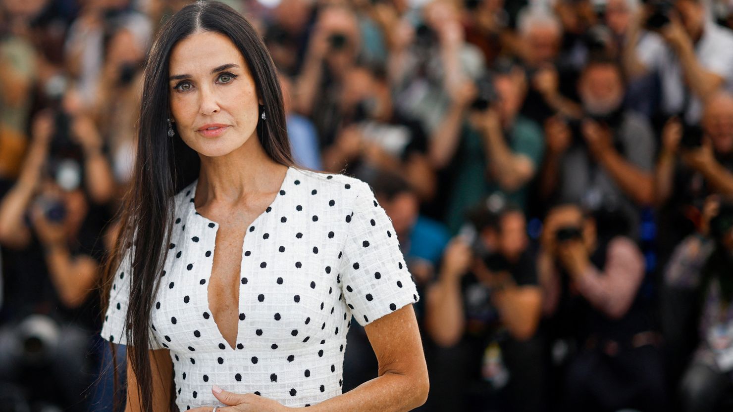 Demi Moore poses during a photocall for the film "The Substance" in competition at the 77th Cannes Film Festival in Cannes, France on Monday. REUTERS/Stephane Mahe