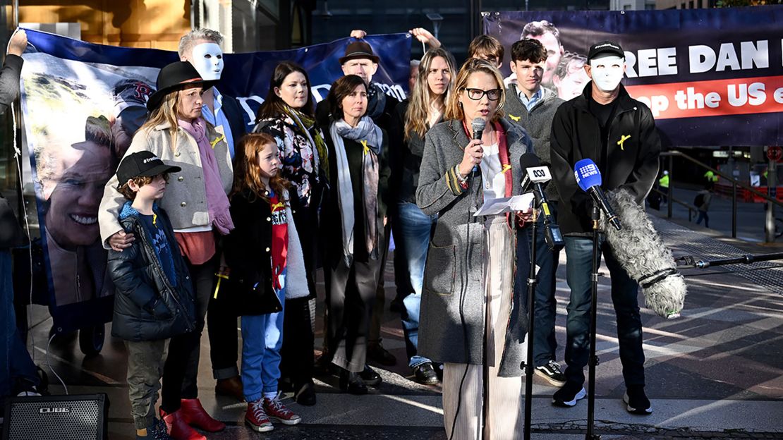 Saffrine Duggan (center) speaks to media prior to her husband's extradition hearing at Downing Centre Local Court, in Sydney, May 24, 2024.