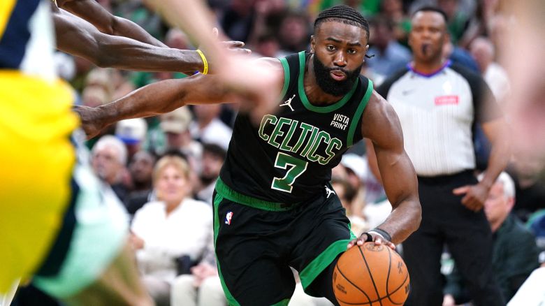May 23, 2024; Boston, Massachusetts, USA; Boston Celtics guard Jaylen Brown (7) dribbles the ball against the Indiana Pacers in the first half during game two of the eastern conference finals for the 2024 NBA playoffs at TD Garden. Mandatory Credit: David Butler II-USA TODAY Sports