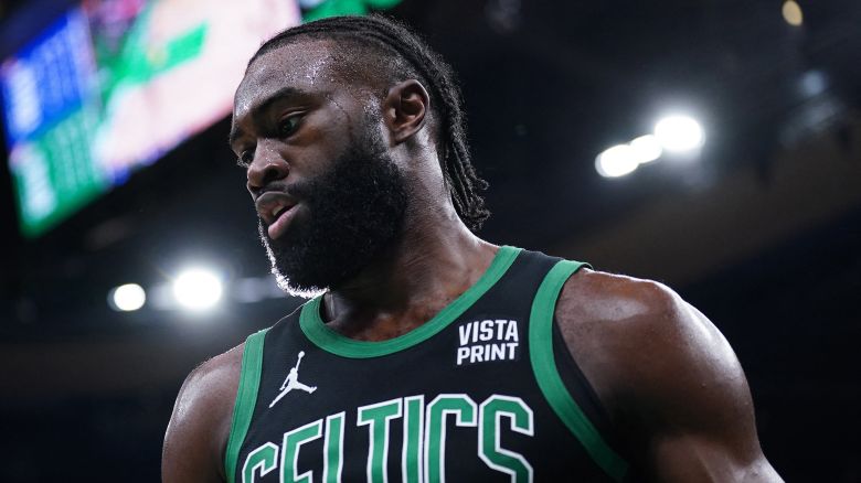 May 23, 2024; Boston, Massachusetts, USA; Boston Celtics guard Jaylen Brown (7) reacts against the Indiana Pacers in the first half during game two of the eastern conference finals for the 2024 NBA playoffs at TD Garden. Mandatory Credit: David Butler II-USA TODAY Sports