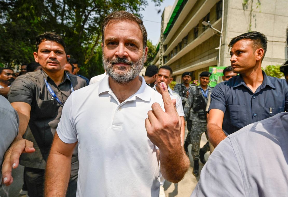 Congress leader Rahul Gandhi shows his ink-marked finger after casting his vote during the sixth phase of Lok Sabha elections, on May 25, 2024 in New Delhi, India.