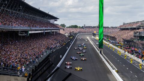 May 26, 2024; Indianapolis, Indiana, USA; Indycar Series driver Scott McLaughlin leads the field to the green flag to start the 108th running of the Indianapolis 500 at Indianapolis Motor Speedway.
