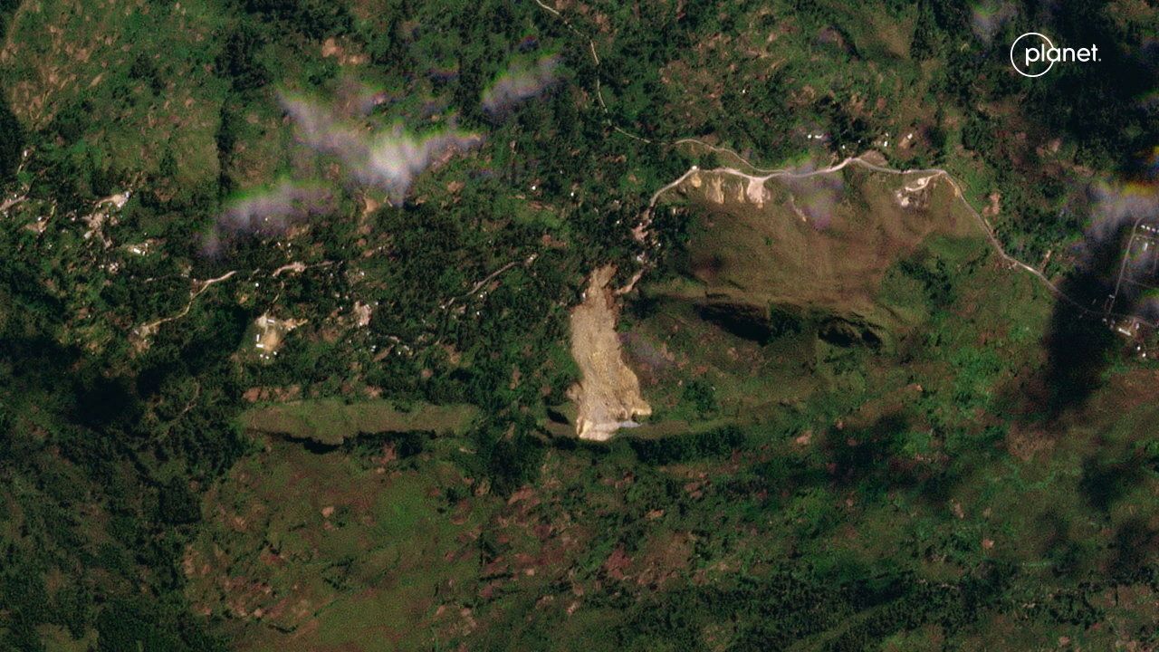 Satellite imagery shows the view following a landslide in the Enga Province, Papua New Guinea, May 26, 2024. 2024 Planet Labs Inc/Handout via REUTERS    THIS IMAGE HAS BEEN SUPPLIED BY A THIRD PARTY. NO RESALES. NO ARCHIVES. MANDATORY CREDIT.