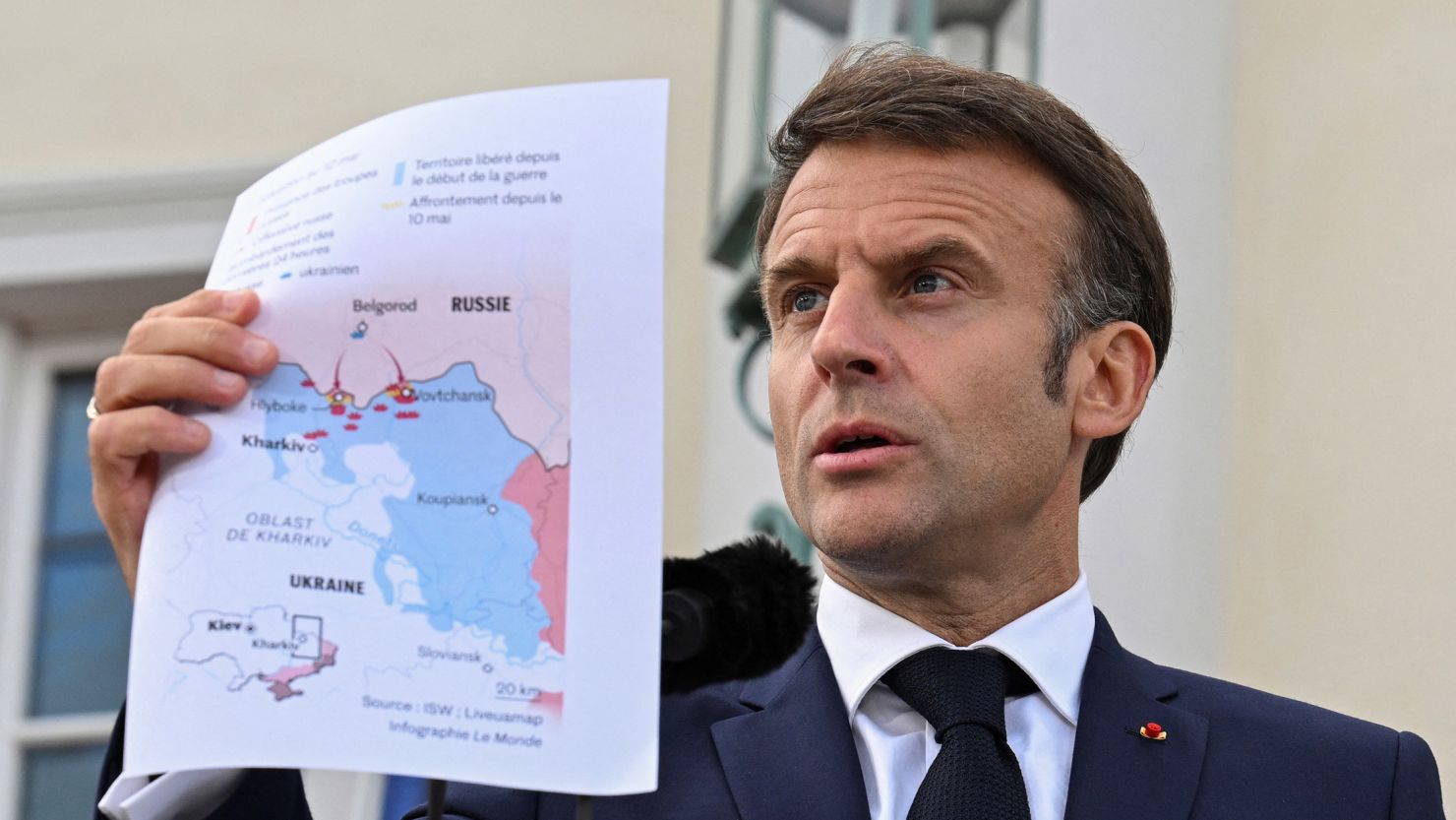 French President Emmanuel Macron speaks to reporters at Schloss Meseberg castle, north of Berlin, in Gransee, Germany, on May 28, 2024.