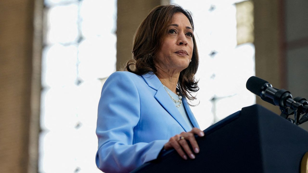 U.S. Vice President Kamala Harris looks on during a campaign event at Girard College in Philadelphia, Pennsylvania, U.S., May 29, 2024.