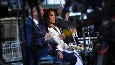 Fox News Channel host Jeanine Pirro and other members of the news media work outside the Manhattan Criminal Court building during the 2nd day of jury deliberations in former U.S. President Donald Trump’s criminal trial over charges that he falsified business records to conceal money paid to silence porn star Stormy Daniels in 2016, in New York City, U.S. May 30, 2024. REUTERS/Mike Segar
