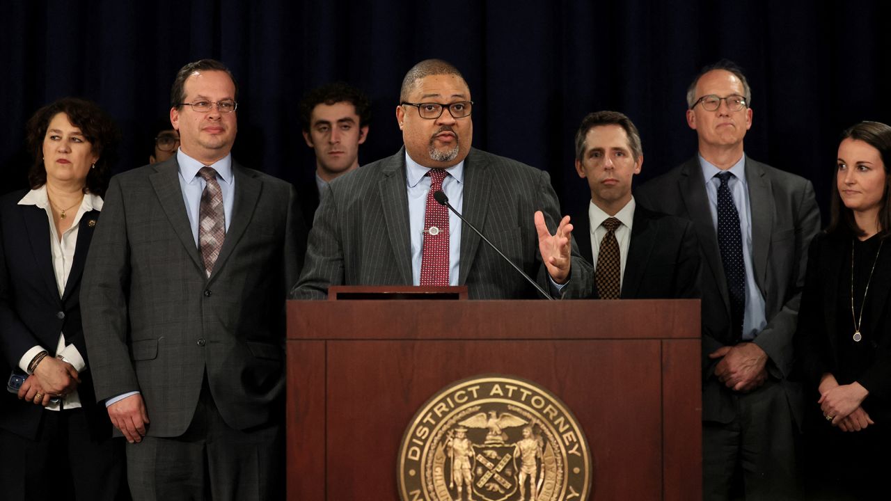 Manhattan District Attorney Alvin Bragg speaks after the guilty verdict in Donald Trump's criminal trial over charges that he falsified business records to conceal money paid to silence porn star Stormy Daniels in 2016, at a press conference in New York on May 30, 2024.