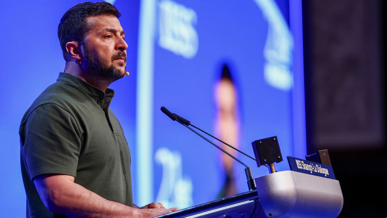 Ukrainian President Volodymyr Zelensky speaks at the Shangri-la Dialogue in Singapore on June 2.