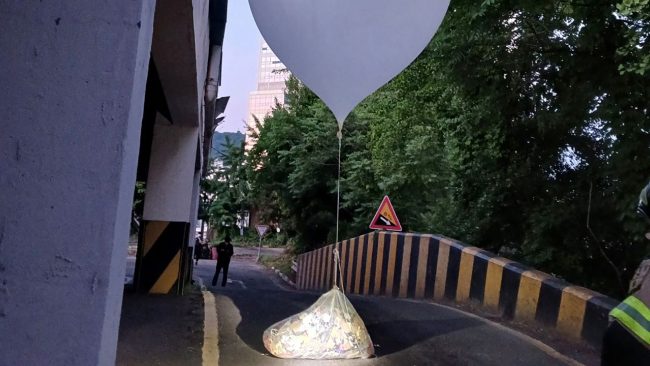 A balloon believed to have been sent by North Korea, carrying various objects including what appeared to be trash, is pictured in Incheon, South Korea, June 2, 2024.