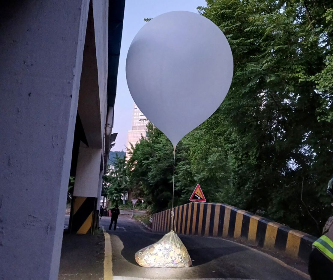 A balloon believed to have been sent by North Korea, carrying what appeared to be trash, seen in Incheon, South Korea, on June 2, 2024.