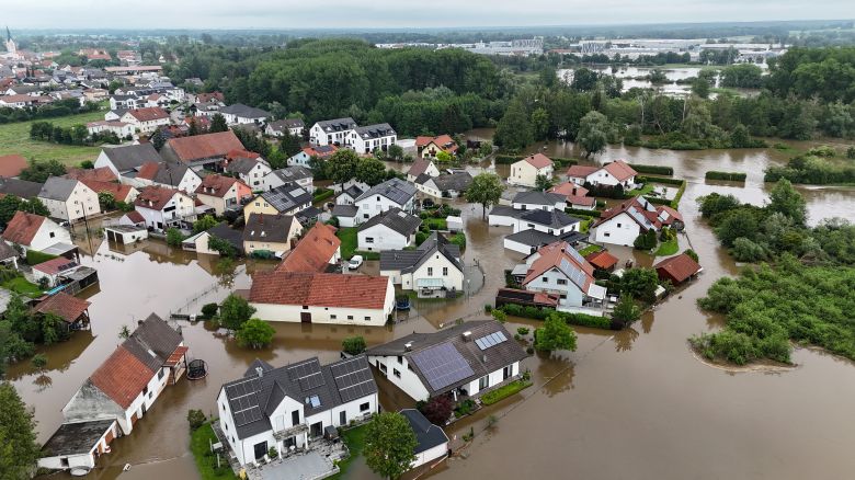 A general view taken with a drone shows the flood-affected area at the Paar river following heavy rainfalls in Gotteshofen near Ingolstadt, Germany, June 2, 2024.