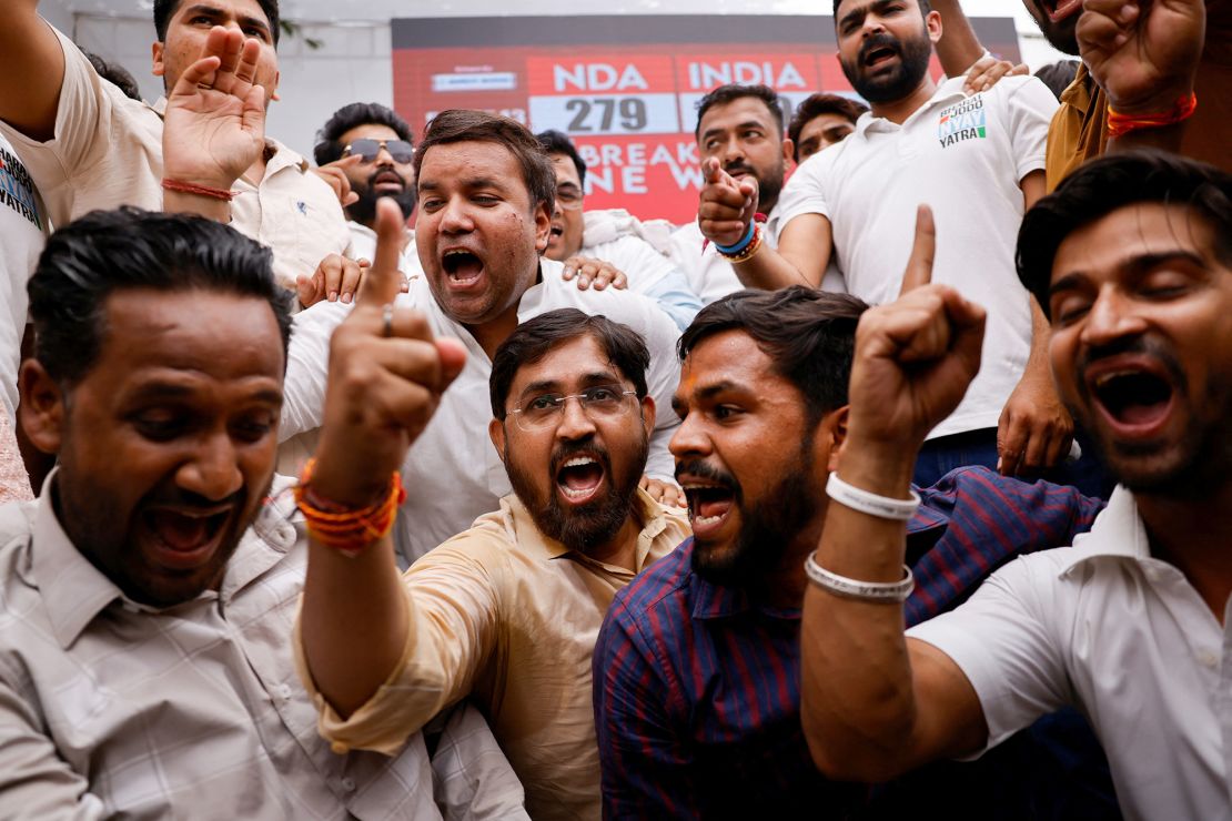 Indian National Congress supporters react to initial general election results at the party headquarters, in New Delhi, India, June 4, 2024.
