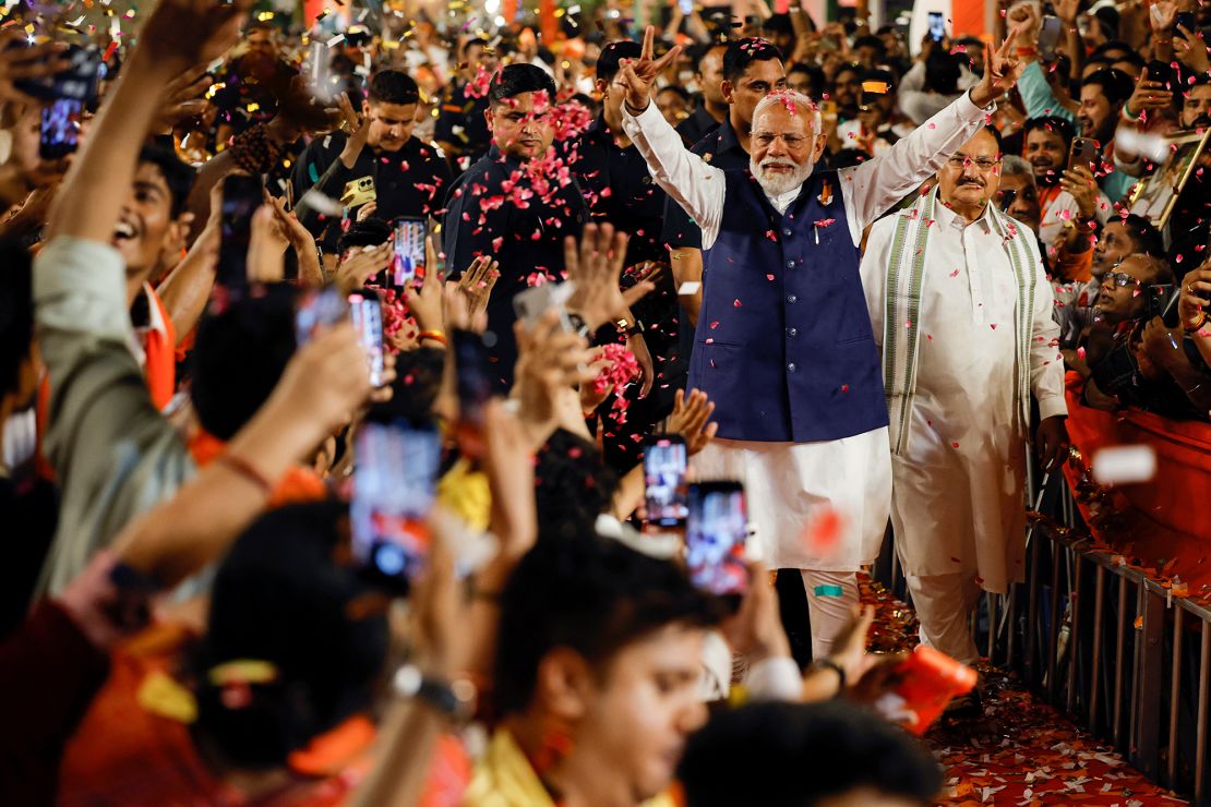 Indian Prime Minister Narendra Modi arrives at Bharatiya Janata Party headquarters in New Delhi, India, on June 4.