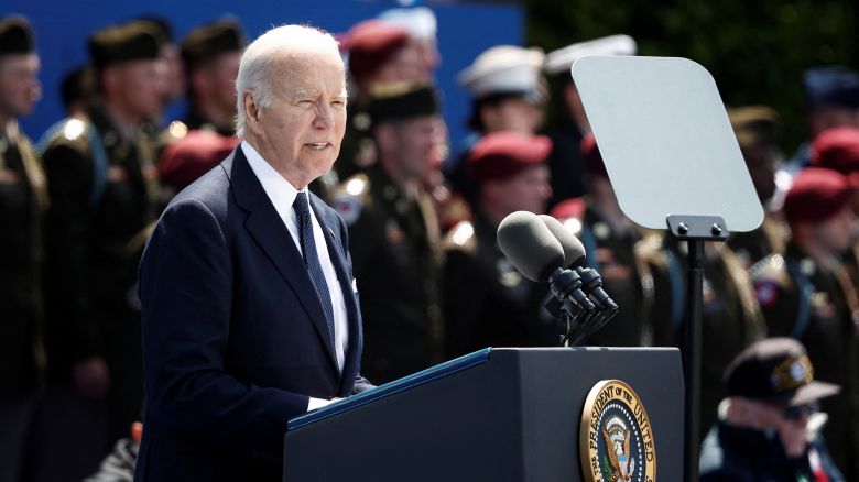 U.S. President Joe Biden attends a ceremony to mark the 80th anniversary of D-Day at the Normandy American Cemetery and Memorial in Colleville-sur-Mer, France, June 6, 2024. REUTERS/Benoit Tessier