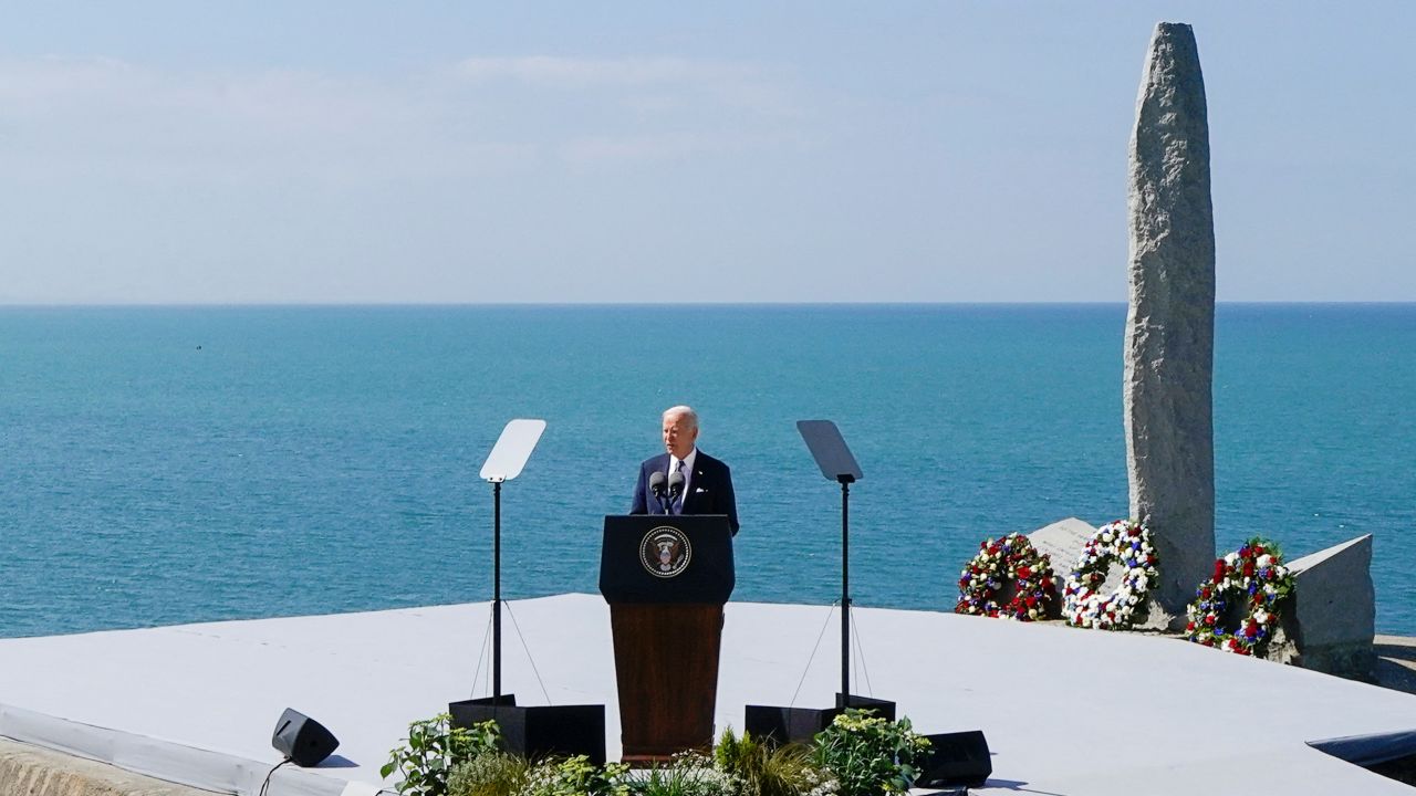 President Joe Biden delivers remarks at the World War II Pointe du Hoc Ranger Monument following the 80th anniversary of the 1944 D-Day landings in Cricqueville-en-Bessin, Normandy, France, June 7, 2024.
