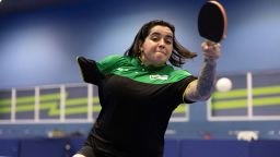 Table tennis athlete Bruna Alexandre attends a practice session in Sao Paulo, Brazil on June 7, 2024. Alexandre will be the first Brazilian to compete in both the Olympics and Paralympics Games in Paris.