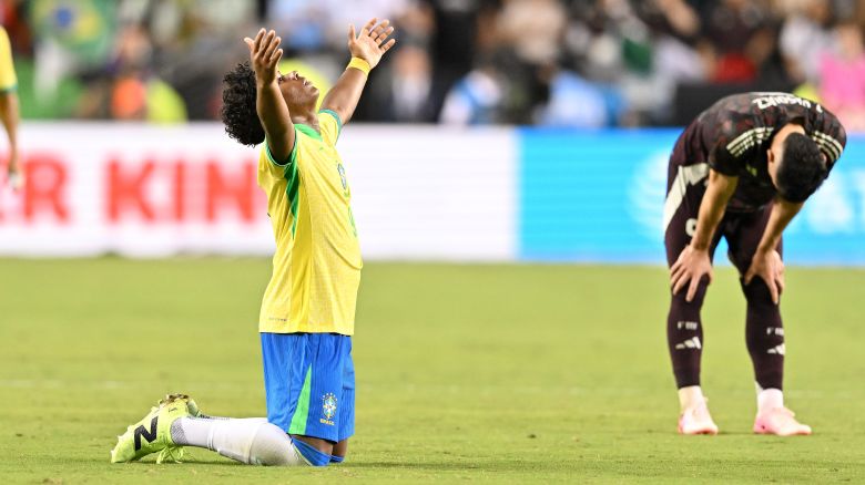 Jun 8, 2024; College Station, TX, USA; Brazil forward Endrick Felipe Sousa (9) reacts after the win against Mexico at Kyle Field.