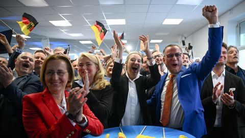 Alternative for Germany (AfD) party co-leaders Alice Weidel and Tino Chrupalla celebrate as results come in on Sunday night.
