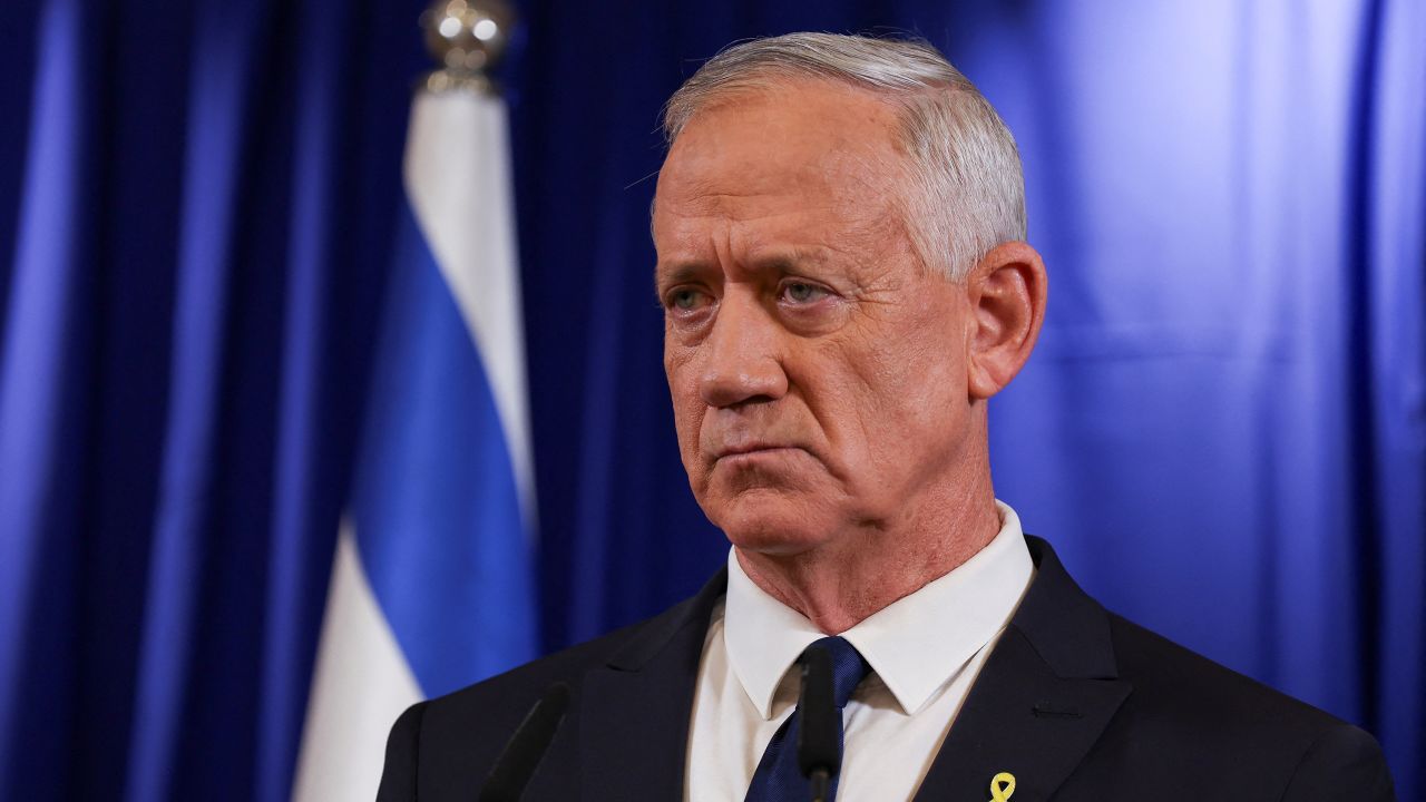 Israeli Minister Benny Gantz addresses the media after his ultimatum to withdraw his centrist party from Israeli Prime Minister Benjamin Netanyahu’s emergency government expired, in Ramat Gan, Israel June 9, 2024.