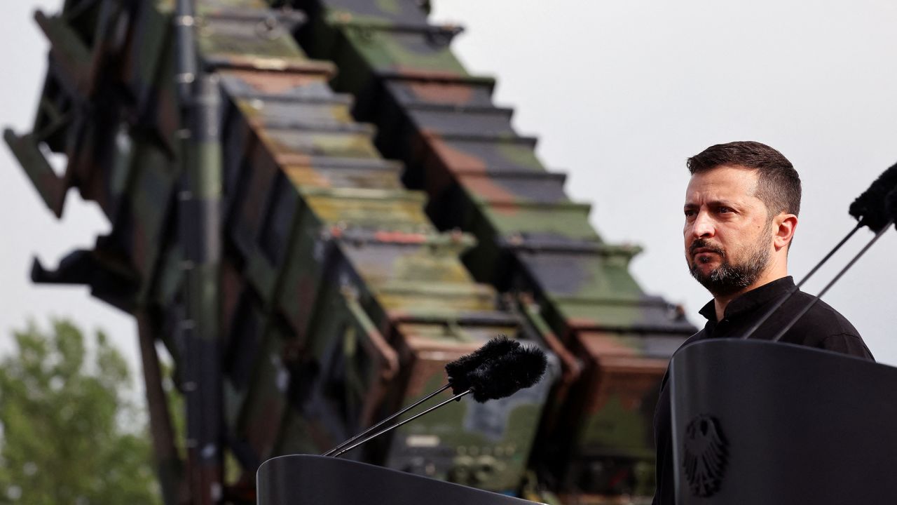 Ukrainian President Volodymyr Zelenskiy looks on during a visit to a military training area to find out about the training of Ukrainian soldiers on the “Patriot” anti-aircraft missile system, at an undisclosed location, in Germany, June 11, 2024.