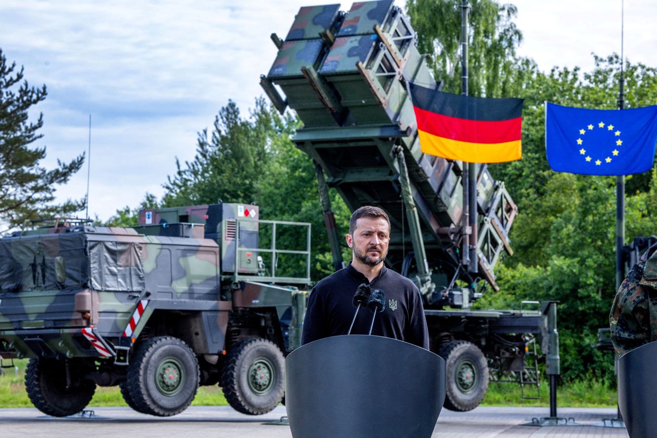 Ukrainian President Volodymyr Zelensky speaks during a visit to a military training area to find out about the training of Ukrainian soldiers on the Patriot anti-aircraft missile system, at an undisclosed location, in Germany, on June 11.