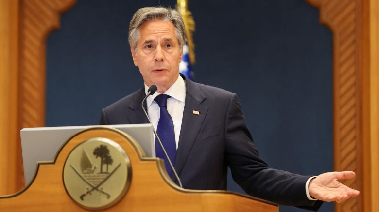 U.S. Secretary of State Antony Blinken speaks at a joint press conference with the Qatari prime minister in Doha, Qatar, June 12, 2024.