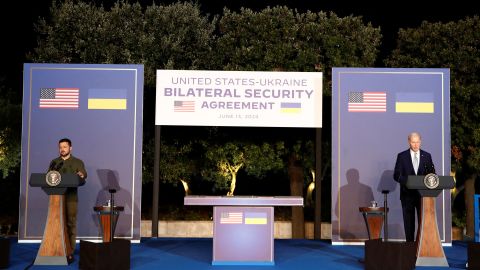 President Joe Biden and Ukrainian President Volodymyr Zelenskiy attend a press conference after a bilateral meeting on the sidelines of the G7 summit, in Fasano, Italy, June 13, 2024.