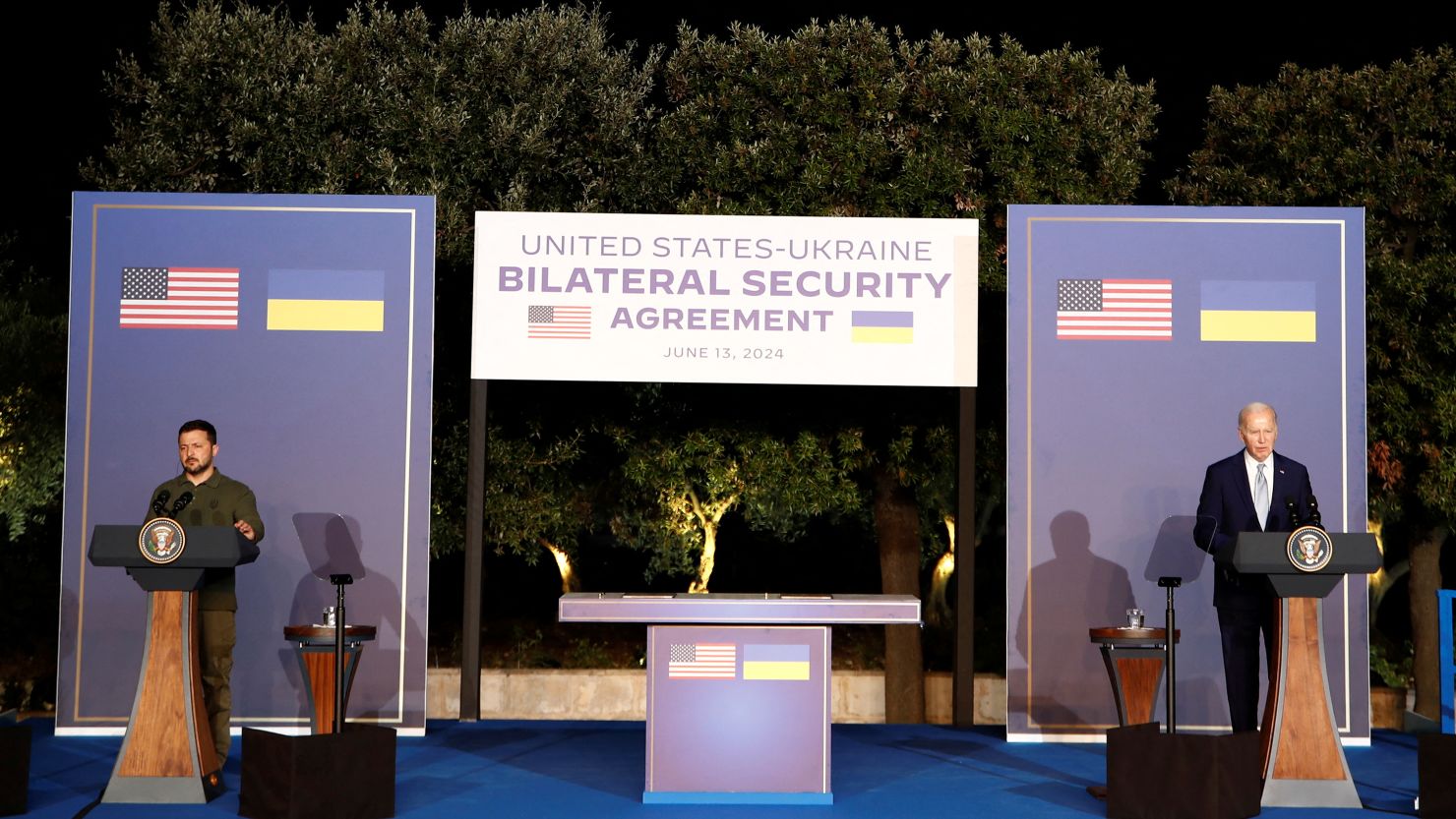 Ukrainian President Volodymyr Zelensky and President Joe Biden attend a press conference after a bilateral meeting on the sidelines of the G7 summit, in Fasano, Italy, June 13, 2024.