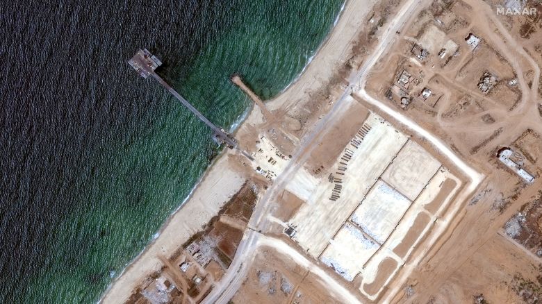 A satellite image shows U.S. military-run humanitarian aid pier in Gaza before its removal, June 12, 2024. Maxar Technologies/Handout via REUTERS THIS IMAGE HAS BEEN SUPPLIED BY A THIRD PARTY. NO RESALES. NO ARCHIVES. MANDATORY CREDIT. MUST NOT OBSCURE LOGO