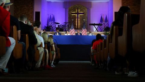 Republican presidential candidate and former U.S. President Donald Trump speaks during a campaign community roundtable at 180 Church in Detroit, Michigan, U.S., June 15, 2024. REUTERS/Brian Snyder