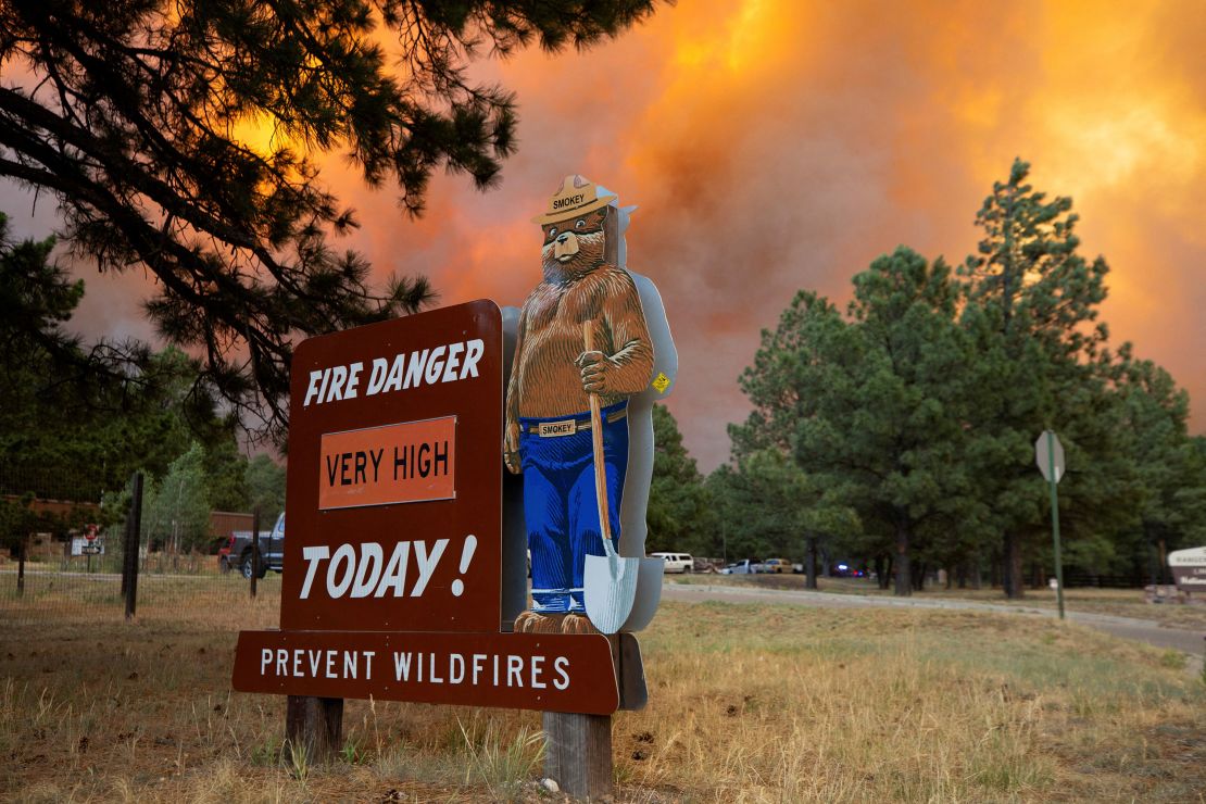 Smoke plumes from the South Fork Fire rise above the tree line as the fire progresses from the Mescalero Apache Indian Reservation to the Lincoln National Forest, causing mandatory evacuations in Ruidoso, New Mexico, on June 17, 2024.