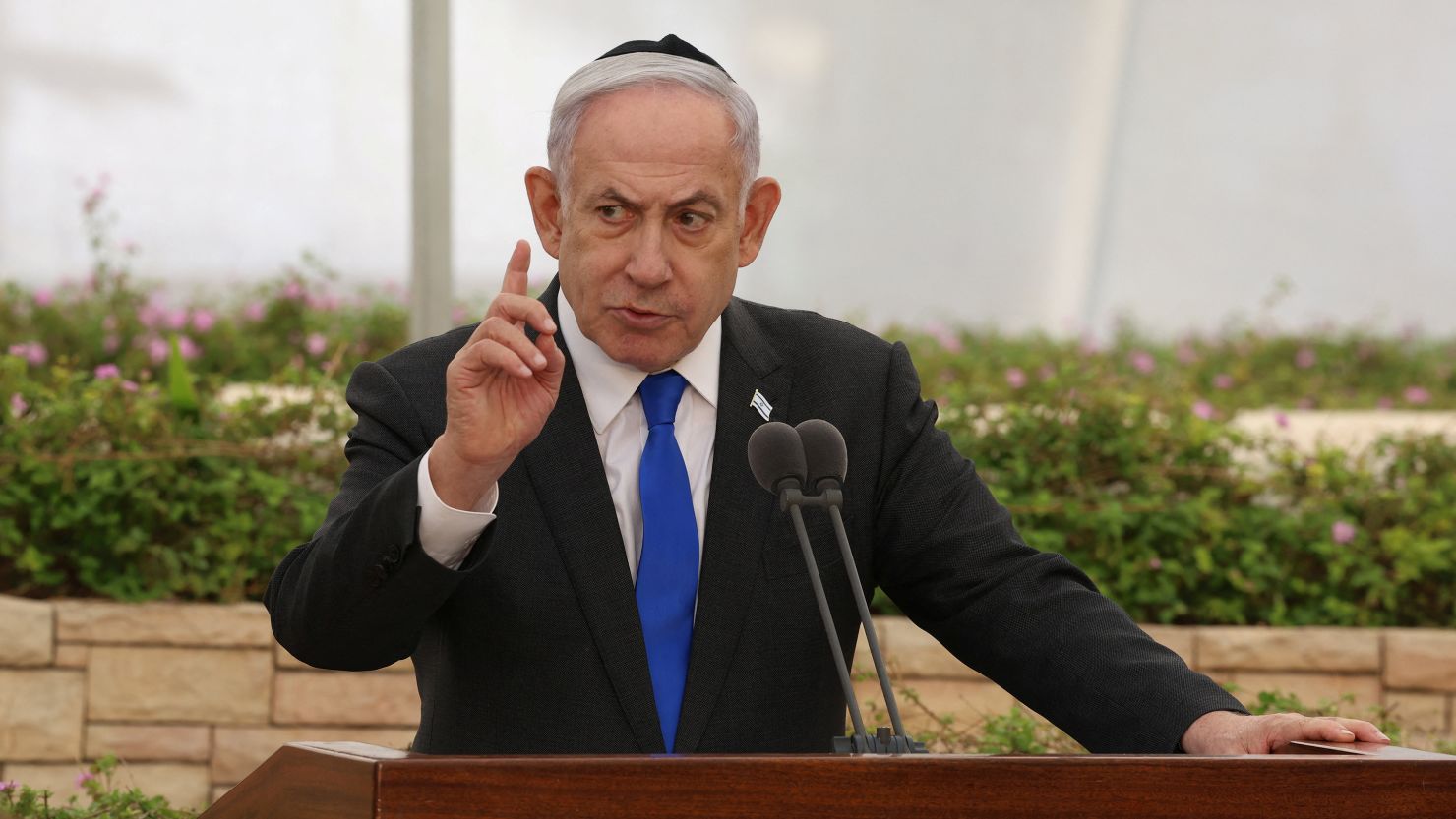 Israeli Prime Minister Benjamin Netanyahu attends the state memorial ceremony for the Altalena martyrs at the Nachalat Yitzhak cemetery in Givatayim, Israel, on June 18, 2024.