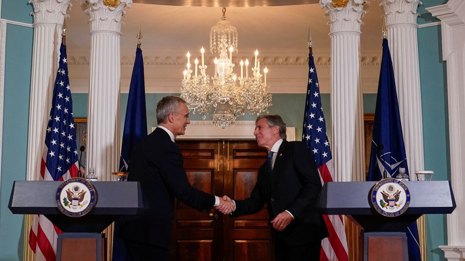 U.S. Secretary of State Antony Blinken and NATO Secretary General Jens Stoltenberg shake hands at the conclusion of a joint news conference at the State Department in Washington on June 18, 2024.