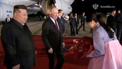 Russia's President Vladimir Putin is greeted by North Korea's leader Kim Jong Un during a welcoming ceremony at an airport in Pyongyang, North Korea June 19, 2024, in this still image taken from video. Kremlin.ru/Handout via REUTERS ATTENTION EDITORS - THIS IMAGE WAS PROVIDED BY A THIRD PARTY. MANDATORY CREDIT. WATERMARK FROM SOURCE.