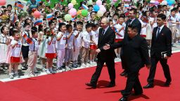 Russia's President Vladimir Putin and North Korean leader Kim Jong Un attend an official welcoming ceremony at Kim Il Sung Square in Pyongyang, North Korea on June 19, 2024.