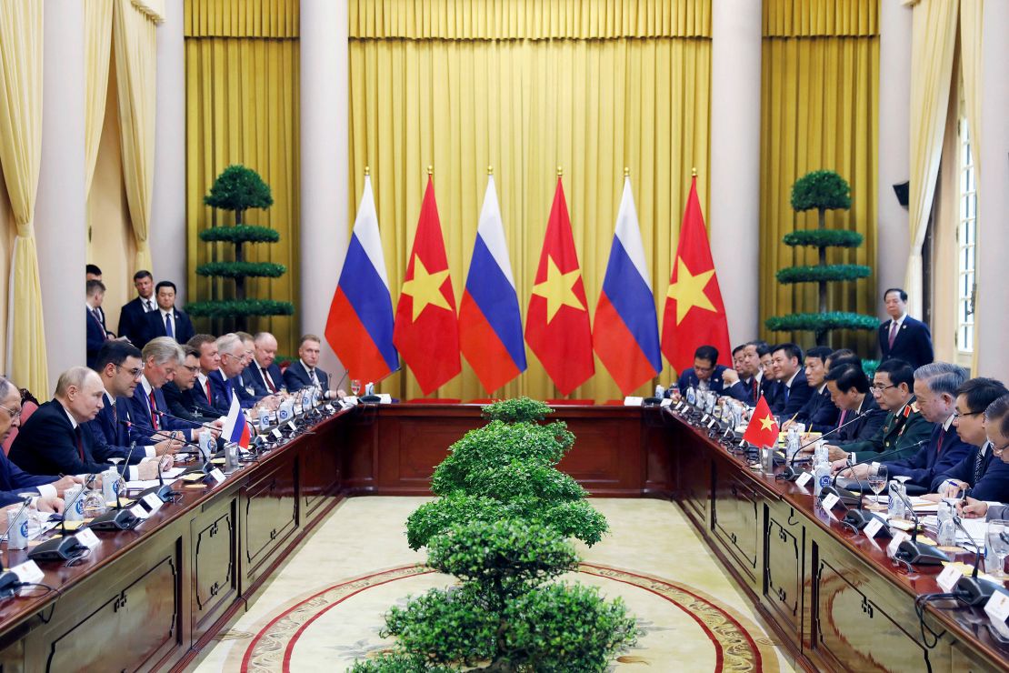 Russian President Vladimir Putin and his Vietnamese counterpart To Lam attend a meeting at the Presidential Palace in Hanoi on June 20, 2024.