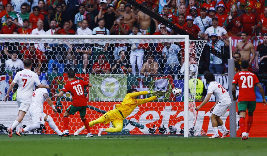 Bernardo Silva scores Portugal's first goal against Turkey.