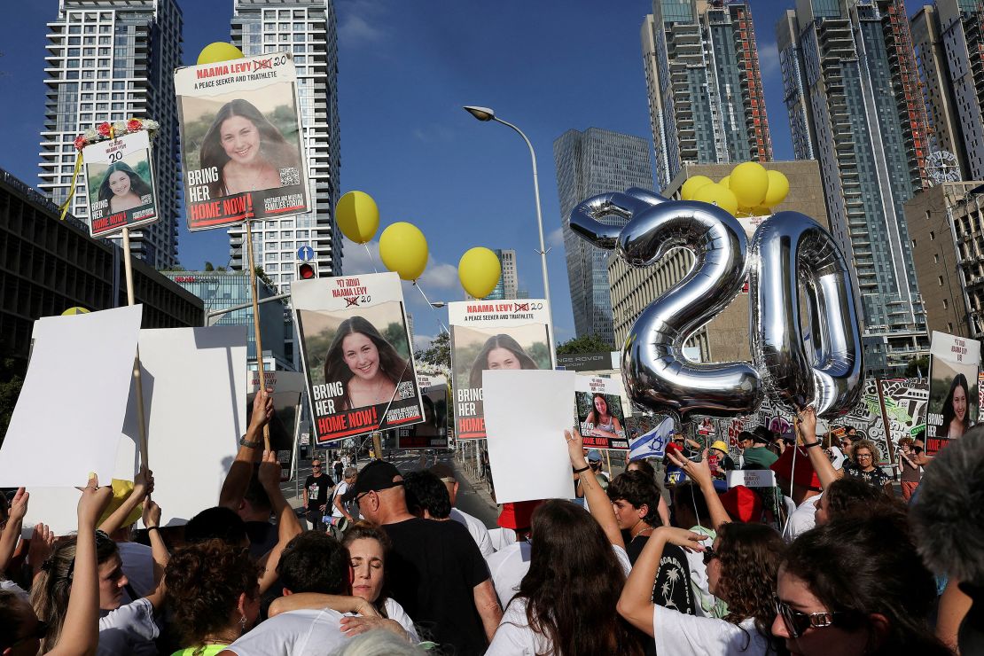 People hold signs and balloons, as family, friends, and supporters of Israeli hostage Naama Levy, who was kidnapped during the deadly October 7 attack, attend a protest march on her 20th birthday, amid the Israel-Hamas conflict, in Tel Aviv, Israel, June 22, 2024. REUTERS/Eloisa Lopez TPX IMAGES OF THE DAY