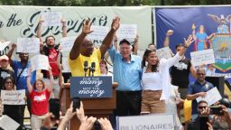 U.S. Representative Jamaal Bowman (D-NY), U.S. Senator Bernie Sanders (D-VT), and U.S. Representative Alexandria Ocasio-Cortez (D-NY) join hands at Jamaal Bowman’s campaign rally in the Bronx borough of New York City, U.S., June 22, 2024. REUTERS/Joy Malone