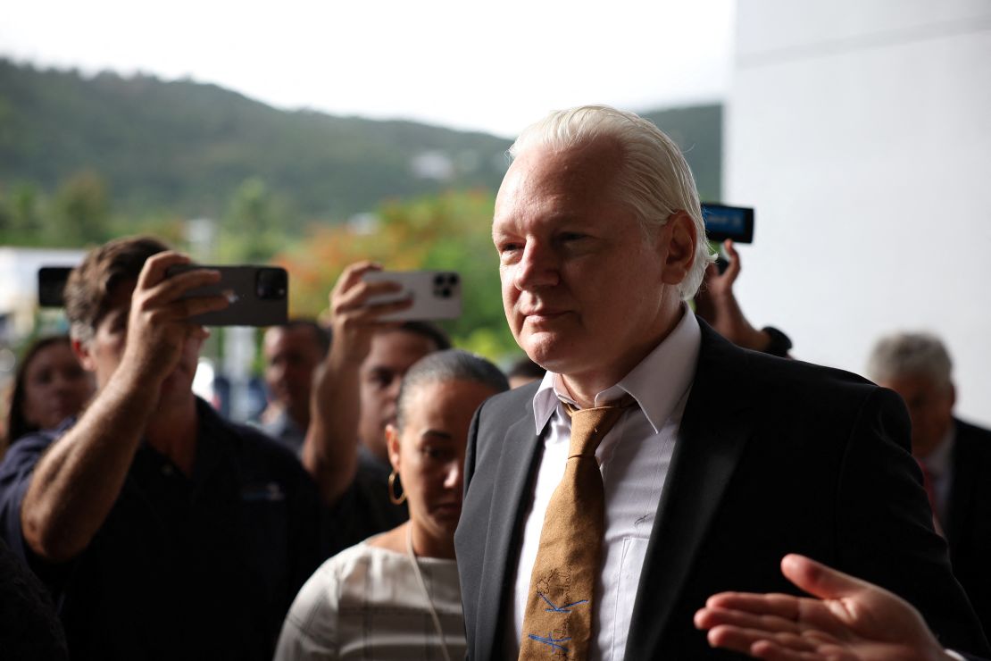 WikiLeaks founder Julian Assange arrives at a United States District Court in Saipan, Northern Mariana Islands, on June 26, 2024.