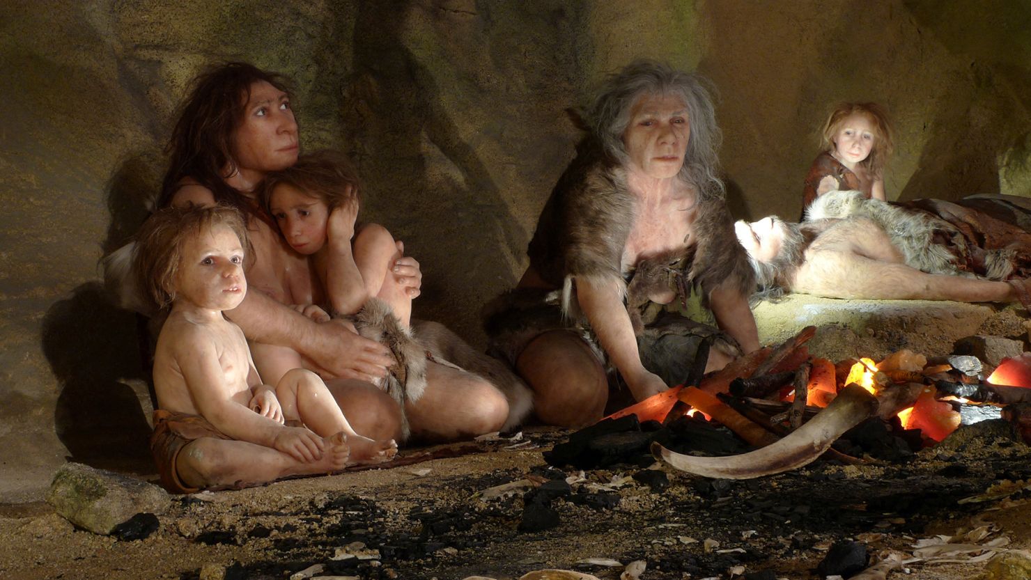 An exhibit in a Neanderthal museum in Krapina, Croatia, shows the life of a Neanderthal family in a cave.