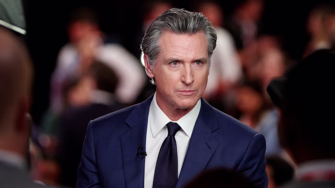 California Gov. Gavin Newsom speaks to members of the press in Atlanta on June 27.