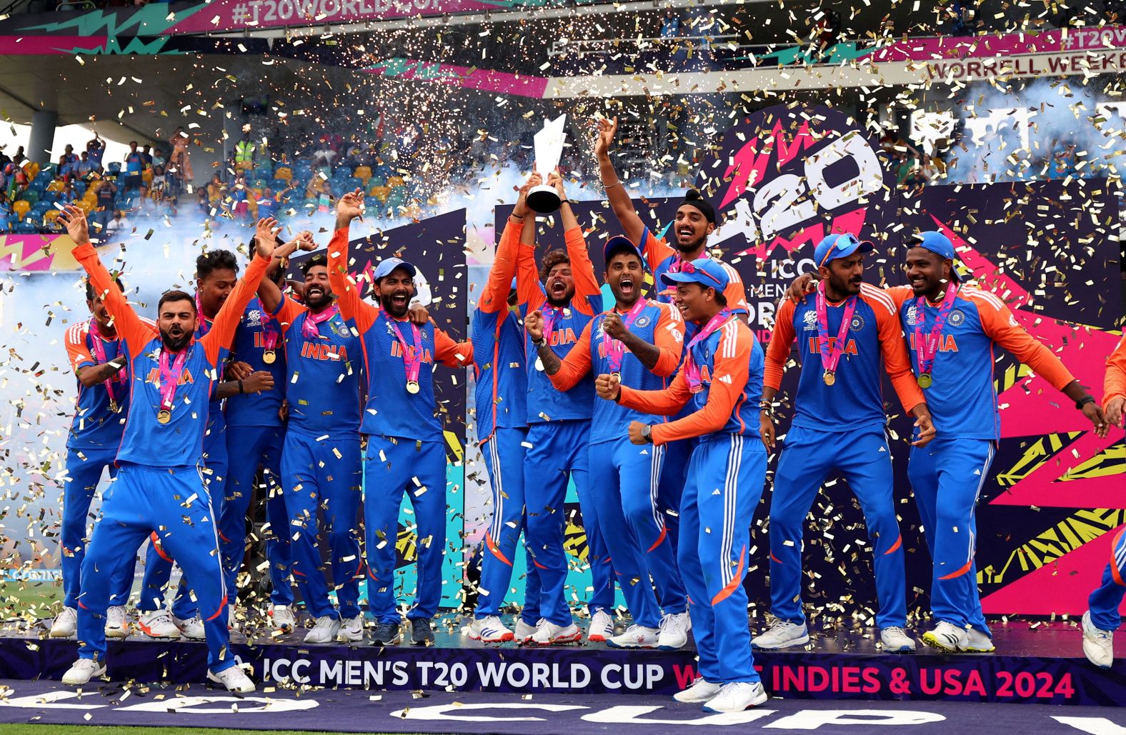 India's cricket team celebrates after it defeated South Africa <a href="index.php?page=&url=https%3A%2F%2Fwww.cnn.com%2F2024%2F06%2F30%2Fsport%2Findia-history-t20-world-cup-spt-intl%2Findex.html">to win the T20 World Cup</a> on Saturday, June 29.