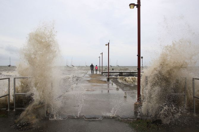 Waves crash into a pier in Port of Spain, Trinidad and Tobago, as Beryl passes through the region on July 1.