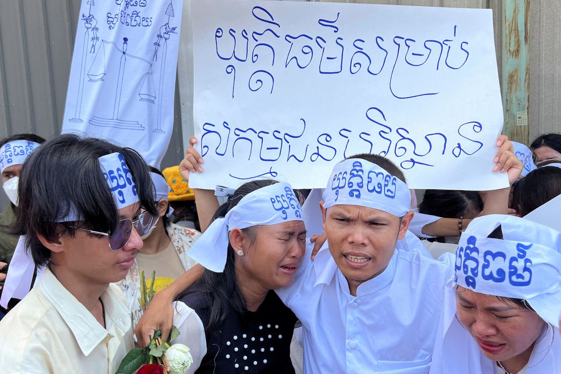 Supporters of the Cambodian environmental advocacy group react after the court verdict on July 2, 2024.