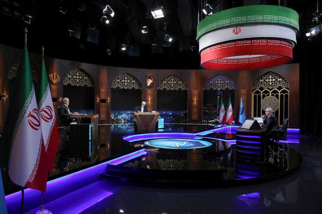 Presidential candidates Masoud Pezeshkian and Saeed Jalili attended an election debate at a television studio in Tehran, Iran, on Tuesday.