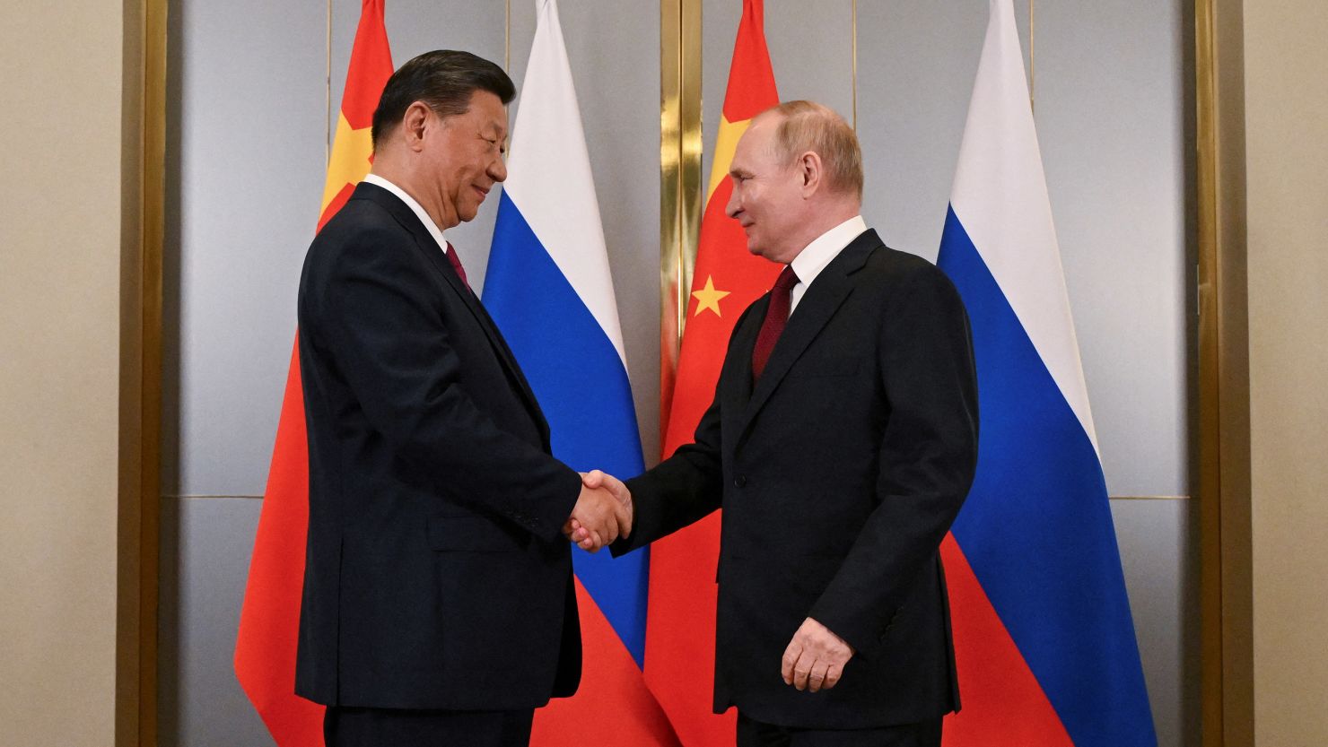 Russian President Vladimir Putin and Chinese leader Xi Jinping attend a bilateral meeting on the sidelines of the Shanghai Cooperation Organization's summit in Astana, Kazakhstan on July 3, 2024.