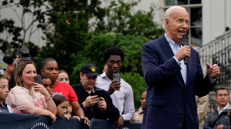 President Joe Biden speaks during a Fourth of July barbecue for active-duty U.S. military members and their families at the White House in Washington, DC, on July 4, 2024.